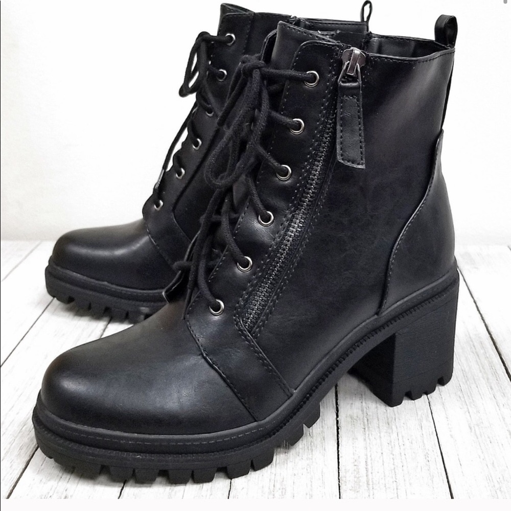 Black combat lug ankle booties